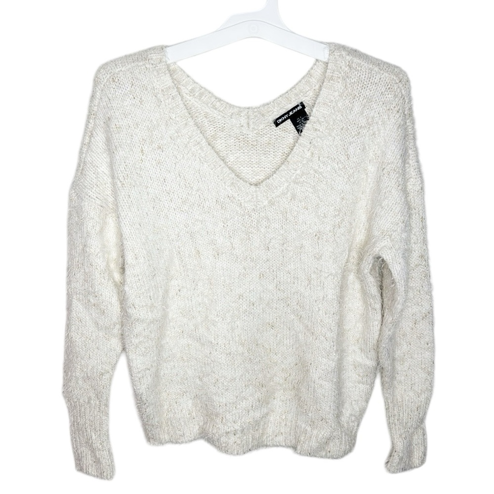 DKNY eyelash metallized v-neck plush sweater cream and gold size S